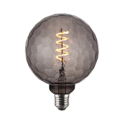 Halo Design COLORS Geo Smoke LED lyskilde med en diameter på 125mm og et unikt, tekstureret røgfarvet glas samt synlig spiral glødetråd.