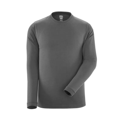 Mascot langærmet T-shirt i mørk antracit, vist forfra med detaljeret visning af stof og pasform, mærke og størrelse synlig på kraven.