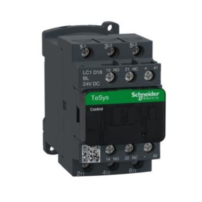 Schneider Electric TeSys D kontaktor LC1D18BL med 18A, 24V DC spole og 3 poler, viste 1 NO og 1 NC hjælpekontakt med skrueklemmer.