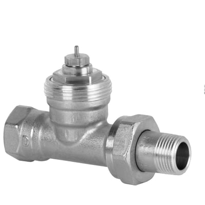 Siemens VDN115 radiatorventil, ligeløb, 1/2" DIN, viser den kompakte metalventil med en 2-strengs rørsystem tilslutning.