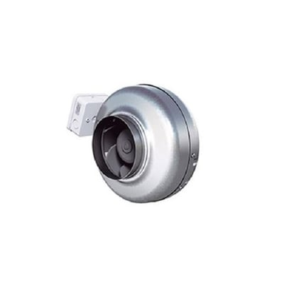 Kanalventilator CK 125 C1 med AC motor i børstet metal med en hvid koblingsboks monteret på siden.