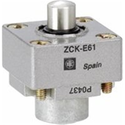 Detaljeret billede af Schneider Electric endestophoved F/XCK-J, viser stempelhovedet i metal med poleret finish.