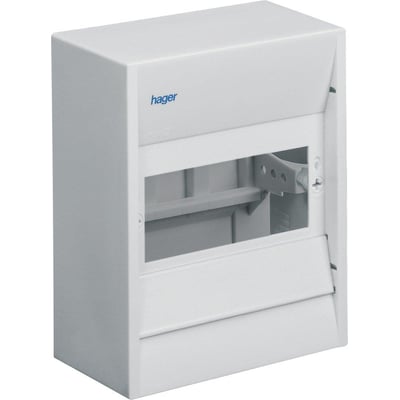 Hager Gamma afdækning i hvid polystyrol, 8 moduler med synlig PE-klemme og IP30 mærkning.