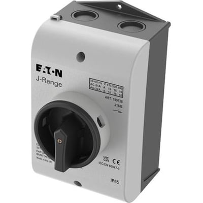 Eaton J-Range reparationsafbryder, 3-polet, 16A, IP65, med sort aflåseligt håndtag og mærkat med tekniske specifikationer.