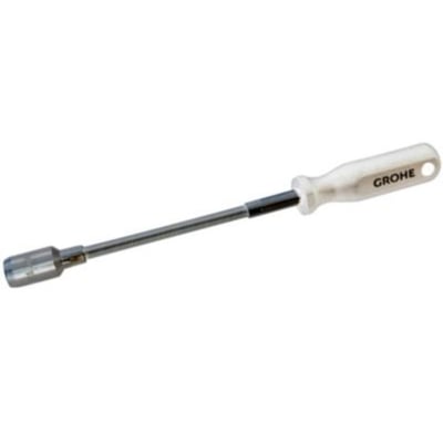 GROHE 13 mm nøgle til montering af håndvaskarmaturer med langt skaft og hvidt håndtag med logo.