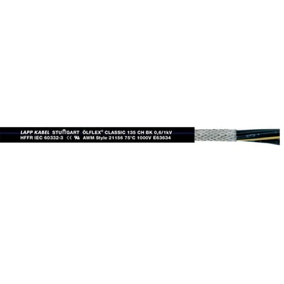Lapp ÖLFLEX CLASSIC 135 CH BK kabel med 0,6/1 kV spænding og 3G4 dimension, vist med fletning og interne ledere.