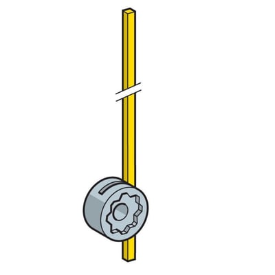 Illustration af Schneider Electric ZCK-Y51 endestoparm med fiberpind og fjederretur, vist på en gul, firkantet stang.