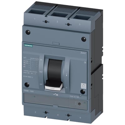 Siemens 3VA1 IEC maksimalafbryder med ramme 1000 og 3-polet design i mørkegrå plast med tydelig håndtag og mærkat.
