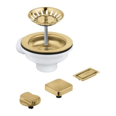 GROHE bundventil til køkkenvask i børstet Cool Sunrise messing med tilbehør som kurv, firkantet og rektangulært dæksel.