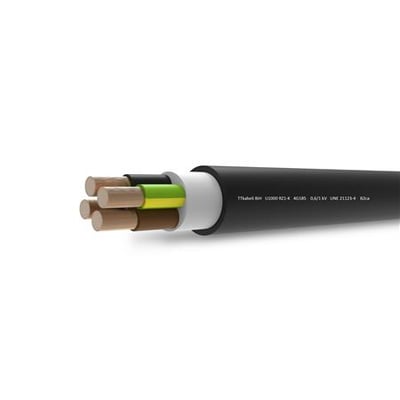 Fleksibelt sort kabel 4G185 RZ1-K, 500 meter, med fire indre ledere; grøn/gul, brun, sort og grå.
