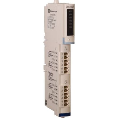 Schneider Electric Advantys STB modul kit med 4 digitale 24VDC indgange og skrue-/fjederklemmer, vist på hvid baggrund.