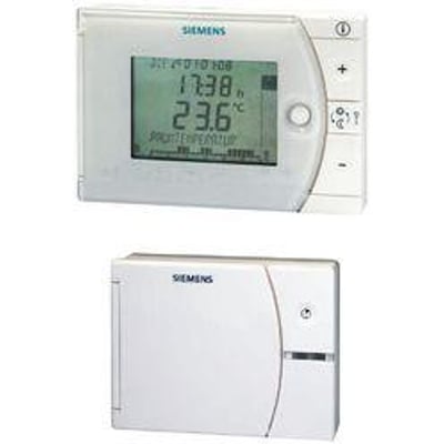 Siemens REV34-XA rumtermostat med digitalt display og knapper, samt et billede af enhedens lukkede front.