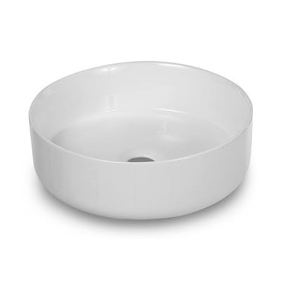 Rund hvid keramik håndvask uden overløb, 36x36x12 cm, med en ren og moderne designprofil.