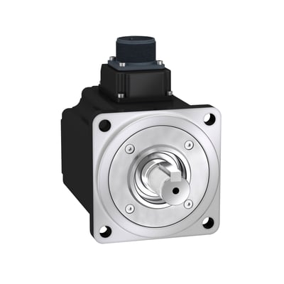 Schneider Electric servomotor på 100mm med 1000W, komplet med notaksel og lige stik på isoleret hvid baggrund.