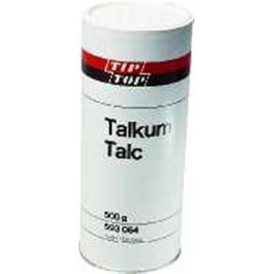 REMA TIP TOP talkumpulver til lapning i en hvid, cylindrisk beholder med rød og sort stribe, 500 g.