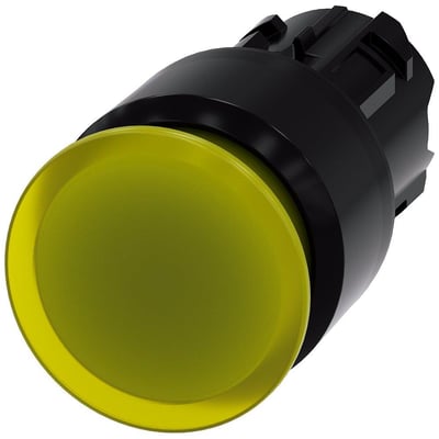 Siemens oplyst paddehattetrykknap i gul plast, 30mm diameter, med rund trykflade og sort bagmontering.
