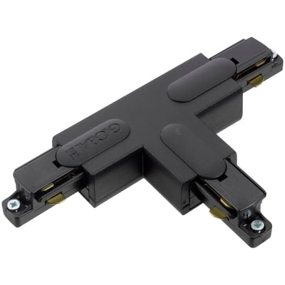 Sort Nordic Aluminium Global 1F T-stykke GB40-2 til 230 V-strømskinne, vist skråt med tre tilslutninger.