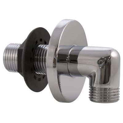 Detaljeret billede af Oras vinkelgennemføring 1/2" i skinnende krom, der viser dens design og 1/2" gevind med sort pakning.