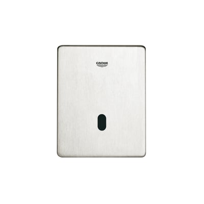 Fronten af Grohe Tectron Skate urinal armatur i børstet krom, med Grohe logo og mørk infrarød sensor.