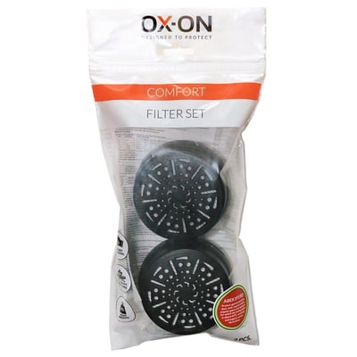 Emballage med to Boisen Safety Comfort ABEK1P3 RD filtre indeni, med tydeligt mærke og produktinformation.