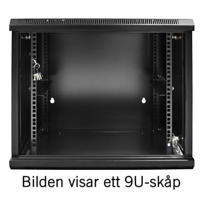 Toten 19" vægskab, 12U, 600x600 mm, sort, åbent forfra med glasdør og synlige monteringsskinner.