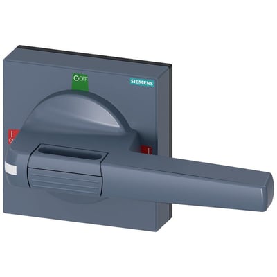 Siemens håndtag med afdækningsplade, standard 100x100, til skaft 10x10, med markeringerne I-0-II, på en hvid baggrund.