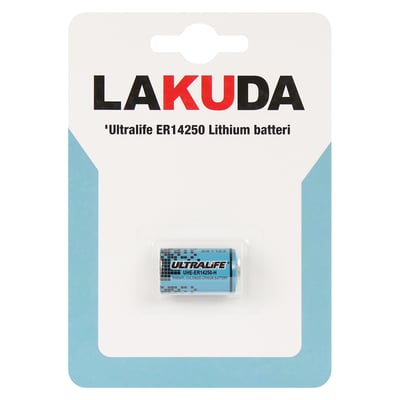 Lakuda Ultralife ER14250 Lithium batteri, ½AA, 3,6V, enkeltvis i blisterpakning med blå og hvid baggrund.
