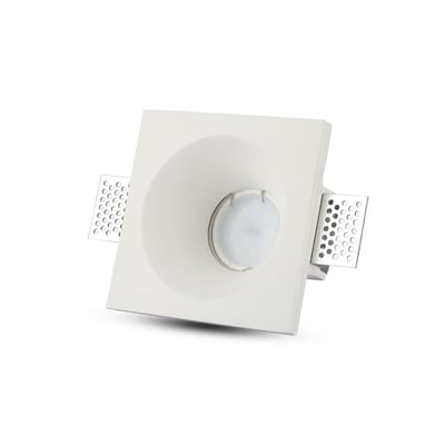 V-TAC kvadratisk GU10 lampe i hvidt gypsum med synlige metalclips til montering og en LED-pære.