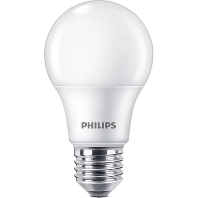 Enkelt Philips LED Standard A60 lyskilde med E27 fatning, mat hvid overflade og 3000K varmt hvidt lys.