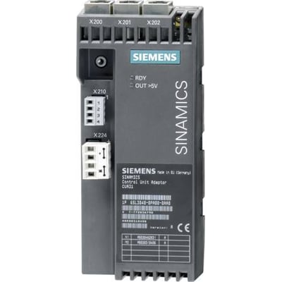 Siemens SINAMICS styreenhed adapter CUA31 med mærkater, stik X200, X201, X202, X210 og X224 synlige på grå plast.