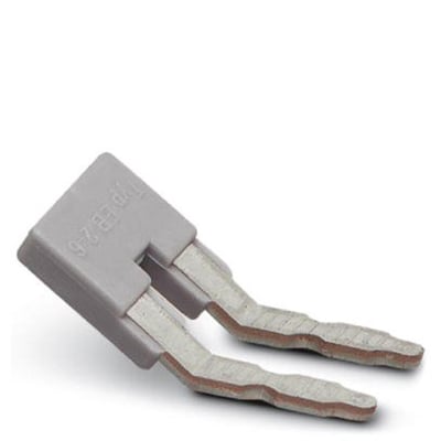 Detalje af Phoenix Contact indlægsbro EB 2-6, 2-polet grå, 6,2 mm deling, med mærkning "typ EB 2-6" tydeligt synlig.