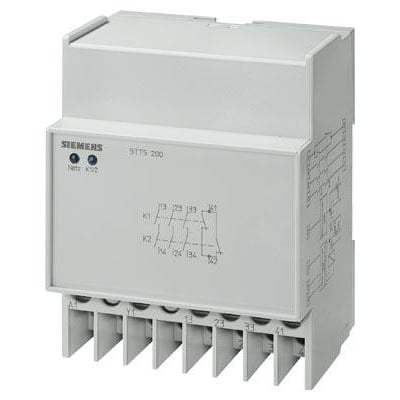 Siemens nødstoprelæ STTS 200 i hvidt kabinet med 230V 10A specifikationer og terminaler.