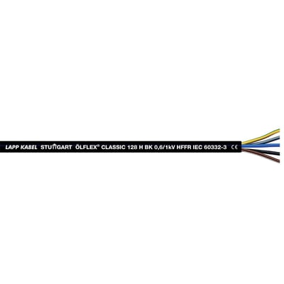 Lapp Olflex Classic 128 H BK 0,6/1kV 5G6 kabel med mærkning og afisolerede ledere i forskellige farver på hvid baggrund.