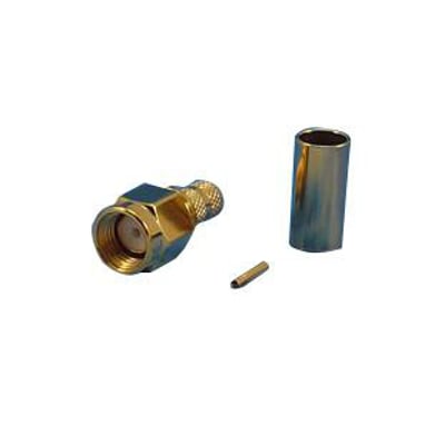 RP SMA han crimp konnektor til RG58 og LMR195 kabler, vist med tilhørende crimp-pin og hylster på hvid baggrund.