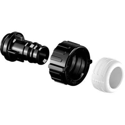 Uponor Adapter Aqua Plus Q&E 16mm PPSU med sort bajonetkobling og hvid beskyttelseshætte.