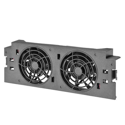 Siemens SINAMICS V20 ventilator monteret på ramme med to sorte blæsere og et mørkegråt chassis.