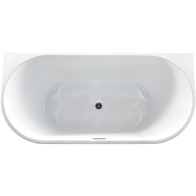Top view af et 1800 mm langt Back To Wall badekar i hvid akryl med krom bundventil og overløb.