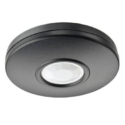 Sort Bosch DS936 PIR-detektor med lav, rund profil og hvid sensorlinse til loftmontering med 360° dækning.
