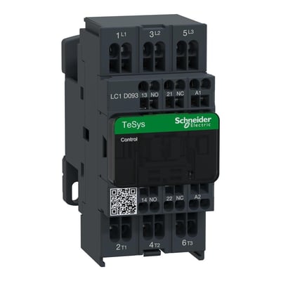 Detaljeret visning af Schneider Electric TeSys D kontaktor, der fremhæver tilslutningsklemmer, mærkning og 24V AC spole med 1NO + 1NC kontakter.