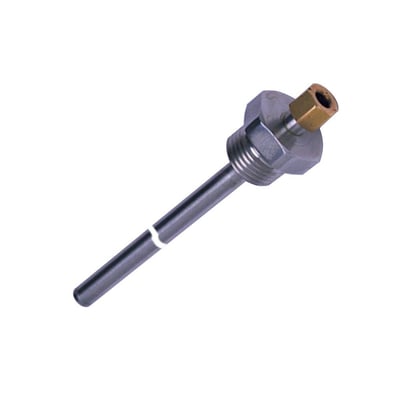 Nærbillede af Danfoss MBT 120 følerlomme, der viser 1/2" gevindtilslutning og 100mm længde i rustfrit stål.