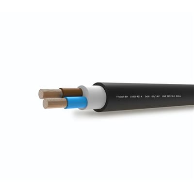 Sort 2x16 RZ1-K flex kabel med 500 meter, vist med afskåret ende der afslører isolerede ledere i blå og brun.