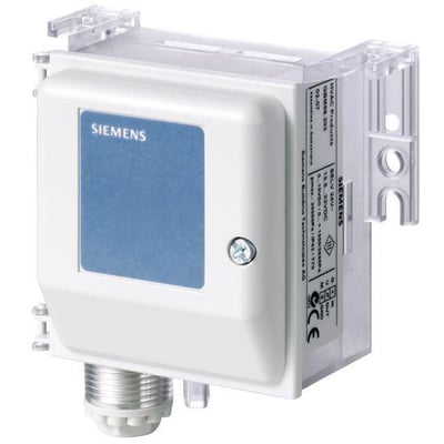 Siemens QBM2030-5 differenstrykføler i hvid plast med blå mærkat og synlige mærkningsdetaljer.