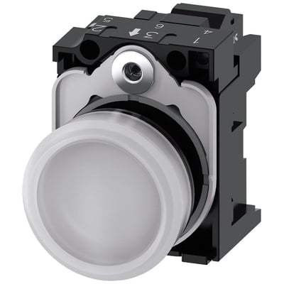 Siemens 22mm rund signallampe i hvid plastik med glat linse og integreret kontaktblok, 230V.