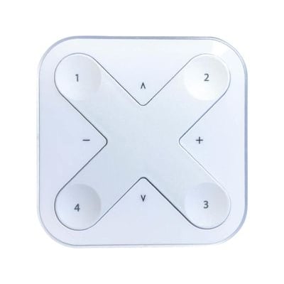 Casambi Xpress LR trådløst panel i hvid, med fire cirkulære knapper nummereret 1-4 samt op/ned og plus/minus symboler.