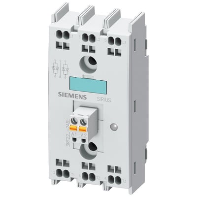 Siemens 3RF22 solid-state relæ, 3-faset, 30A, med fjederklemme og 48-600V udgang, fremstillet i hvid plast.