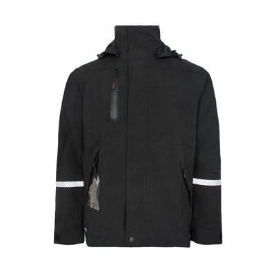 Lyngsøe Rainwear 4WS-4057 skaljakke i sort XL, vind- og vandtæt med aftagelig hætte og refleksstriber.