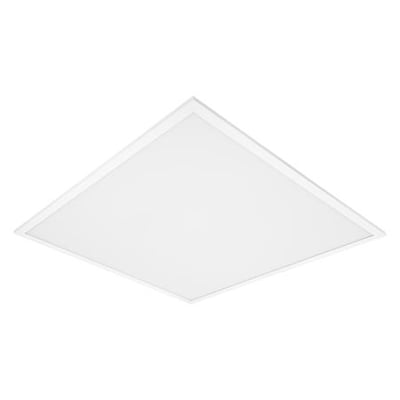Hvidt, kvadratisk LEDVANCE Panel Comfort LED-panel med Zigbee, 33 W og UGR 19, set skråt forfra.