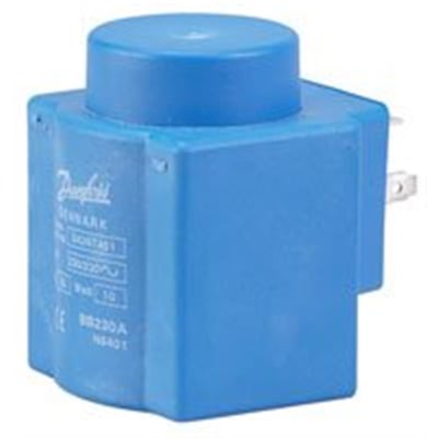 Detaljeret nærbillede af Danfoss Coil FI 24V DC 18W spole, viser de elektriske terminaler og mærkning med produktinformation.