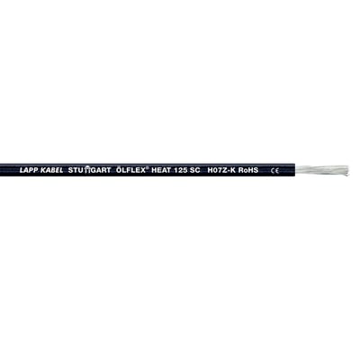 Lapp Olflex Heat 125 SC 1x0,75 BK kabel med påtrykt tekst, der angiver producent og type, samt CE-mærke.