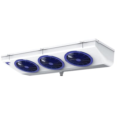 Friga Bohn AZUR M 180 R-fordamper på 2,44 kW, set skråt nedefra med tre blå ventilatorer.